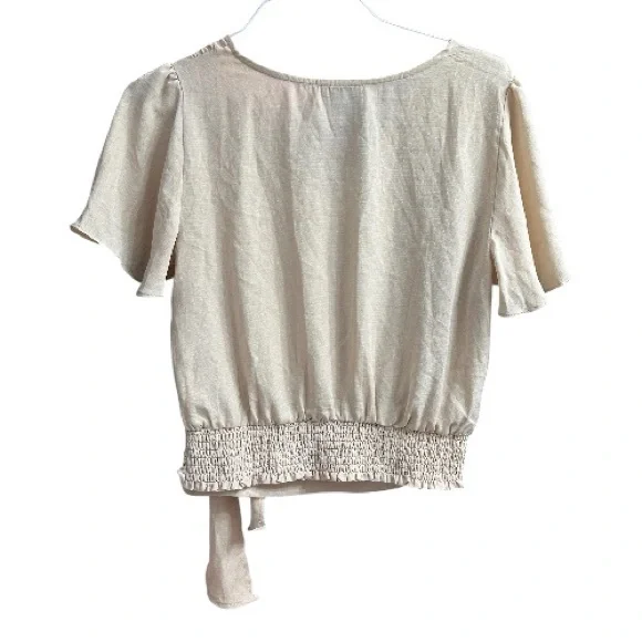 OLM Flutter Sleeve Beige Mock Wrap V Neck Top - Picture 4 of 7